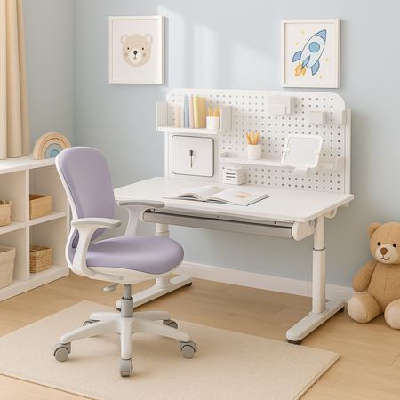 Zestaw Spacetronik: biurko regulowane 100×60 + krzesło dziecięce z podnóżkiem + nadstawka z pegboardem