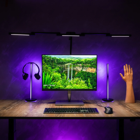 Zestaw ergonomiczny biurko Moris SPEO121 120x60 krzeslo Spiro lampa Glow D2