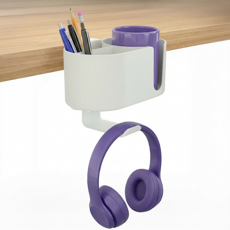 Boczny organizer do biurka na zacisk z uchwytem na kubek biały