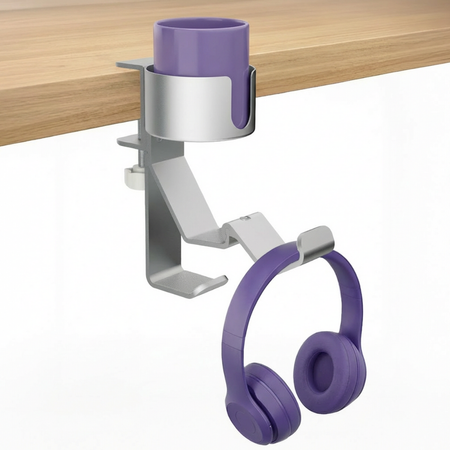 Boczny organizer do biurka na zacisk z uchwytem na kubek biały