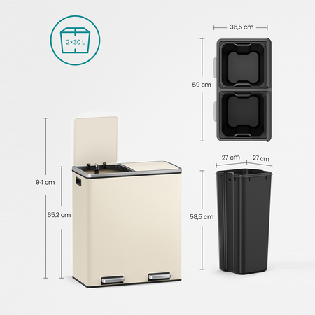 Kosz na śmieci metalowy podwójna komora kremowy