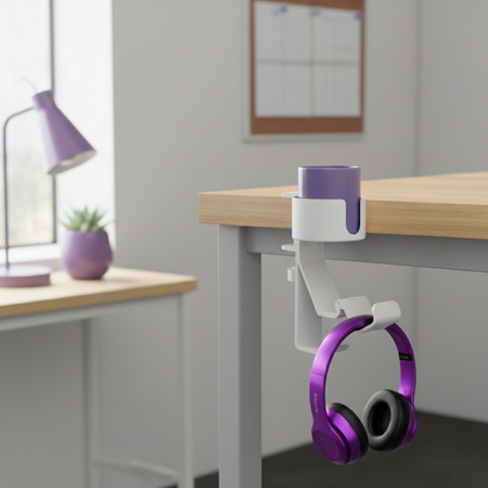 Boczny organizer do biurka na zacisk z uchwytem na kubek biały
