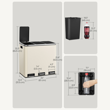 Kosz na śmieci metalowy trzykomorowy kremowy