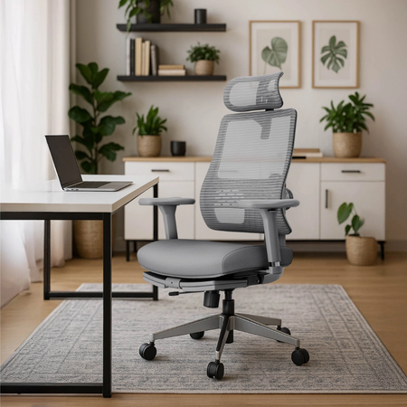 Zestaw ergonomiczny krzesło LUMBO 22 szare + biurko manualne SPE-O113 100×60 białe