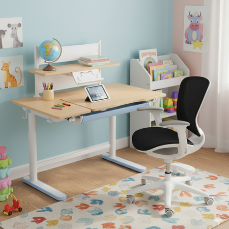 Zestaw dla dziecka regulowane biurko 112×60 z półką + ergonomiczne krzesło Spacetronik XD