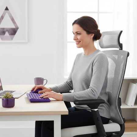 Zestaw ergonomiczny biurko Moris SPEO121 120x60 krzeslo Spiro lampa Glow D2