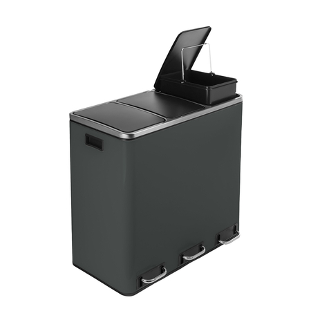 Kosz na śmieci metalowy trzykomorowy ciemnoszary