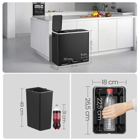 Kosz na śmieci metalowy trzykomorowy czarny