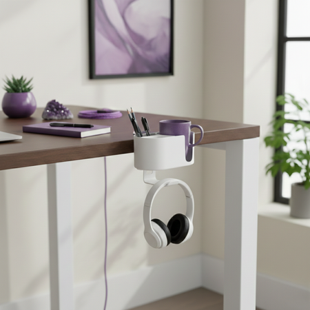 Boczny organizer do biurka na zacisk z uchwytem na kubek biały