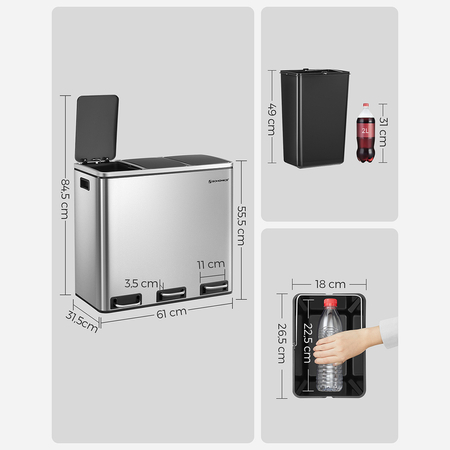 Kosz na śmieci metalowy 3x18L srebrny 54L