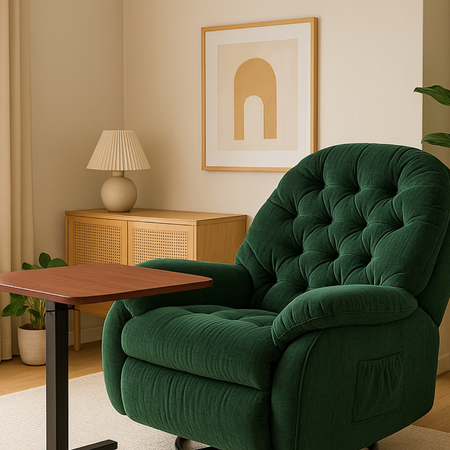 Zestaw wypoczynkowy fotel elektryczny Spacetronik Flax 04M zielony + stolik regulowany