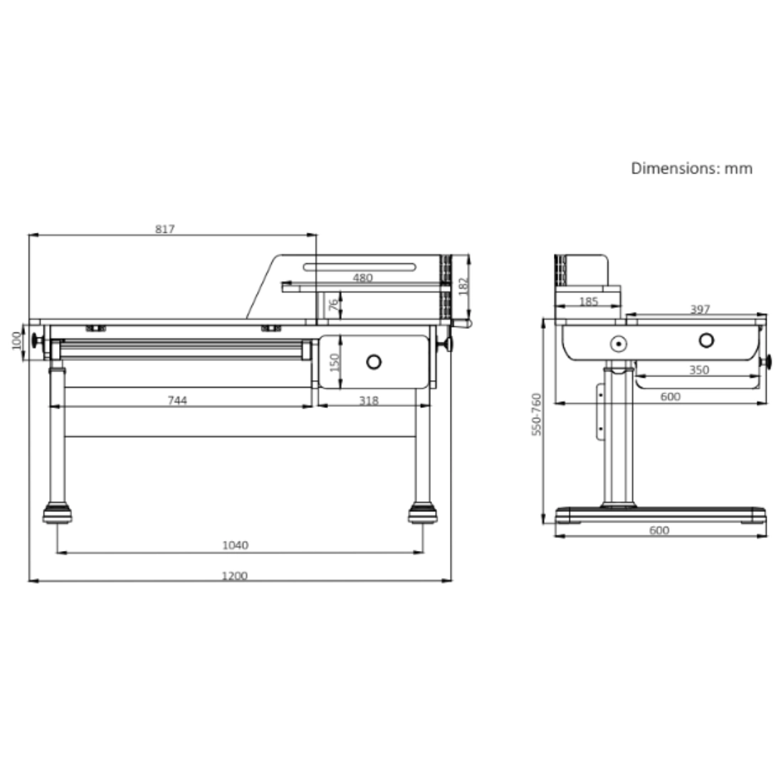 rysunek techniczny biurka dziecięcego SPEX110WL_120