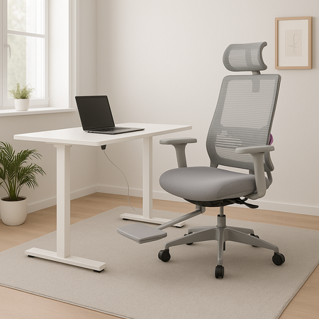 Zestaw ergonomiczny krzesło LUMBO 22 szare + biurko manualne SPE-O113 100×60 białe