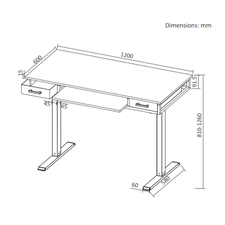 Biurko stojące regulowane SPEF122BB 120x60 z szufladą i półką czarne