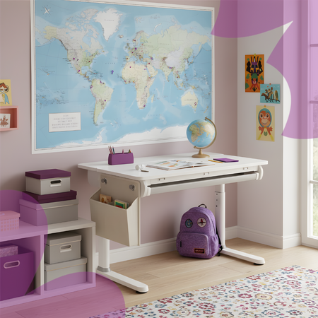 Zestaw Spacetronik: biurko regulowane 100×60 + krzesło dziecięce z podnóżkiem + nadstawka z pegboardem